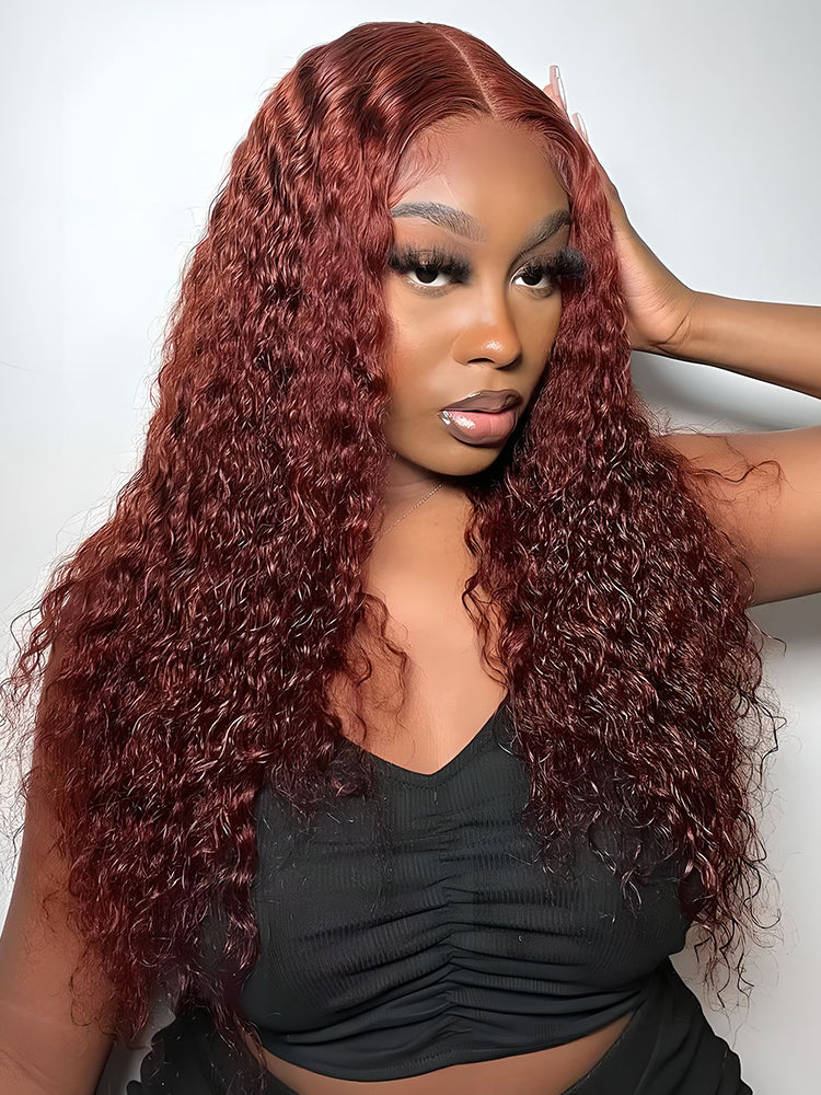 CurlyMe Pre-Plucked Wear Go Glueless Reddish Brown Water Wave Hair Pre-cut Lace