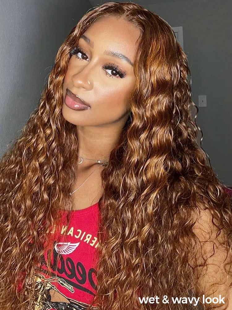 CurlyMe Pre-cut 6x4 HD Lace Water Wave Wear Go Highlights Ombre Hair Glueless Wig