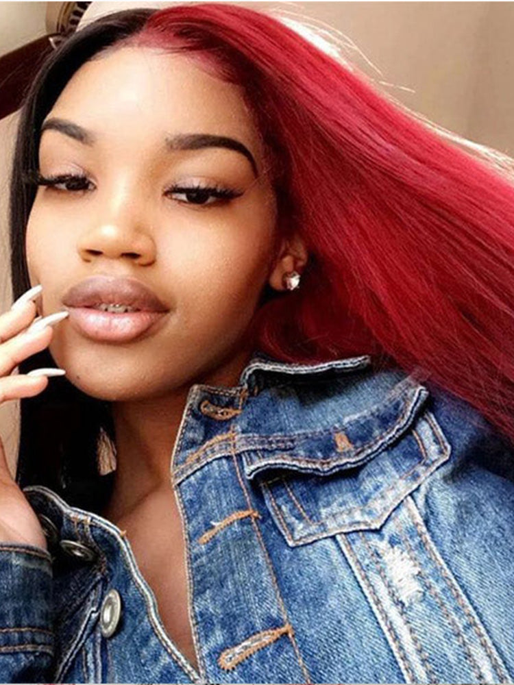 CurlyMe Highlight Split Dyed Hair Half Red Half Black Color Straight Lace Front Wigs