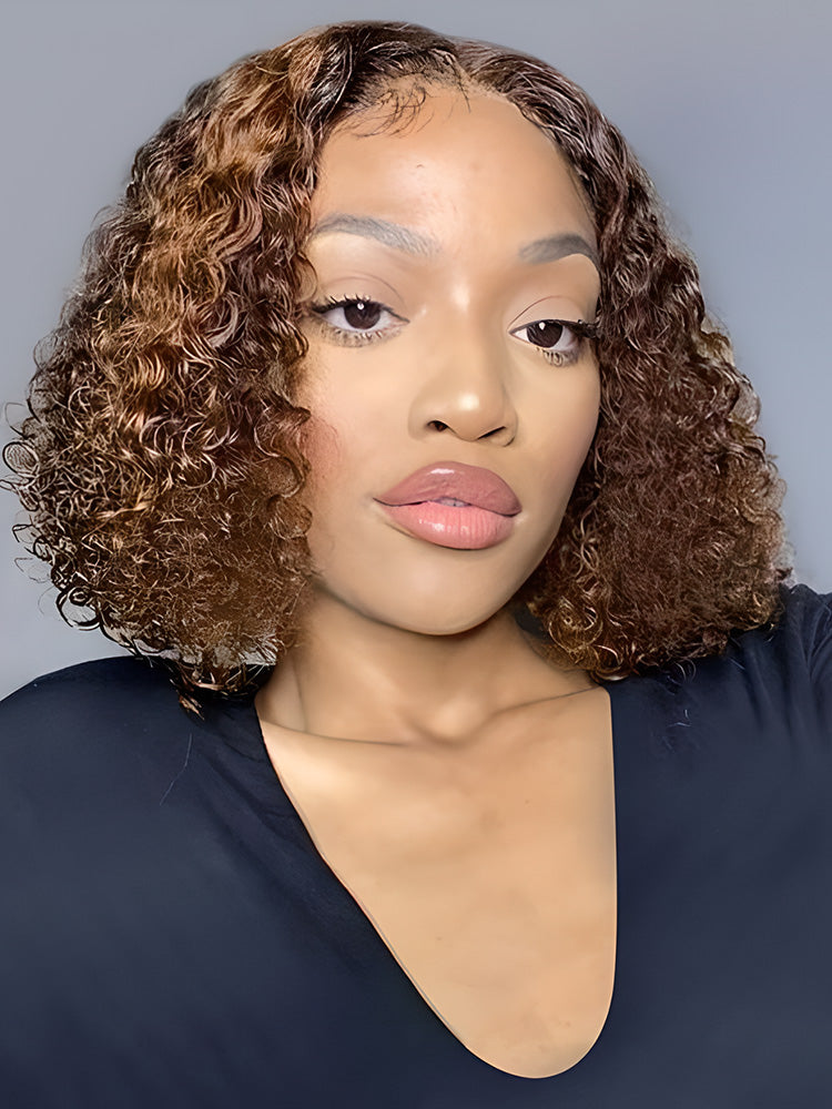 CurlyMe Highlights Ombre Kinky Curly Glueless Bob Wig Wear Go 6x4 Pre Cut HD Lace Wig