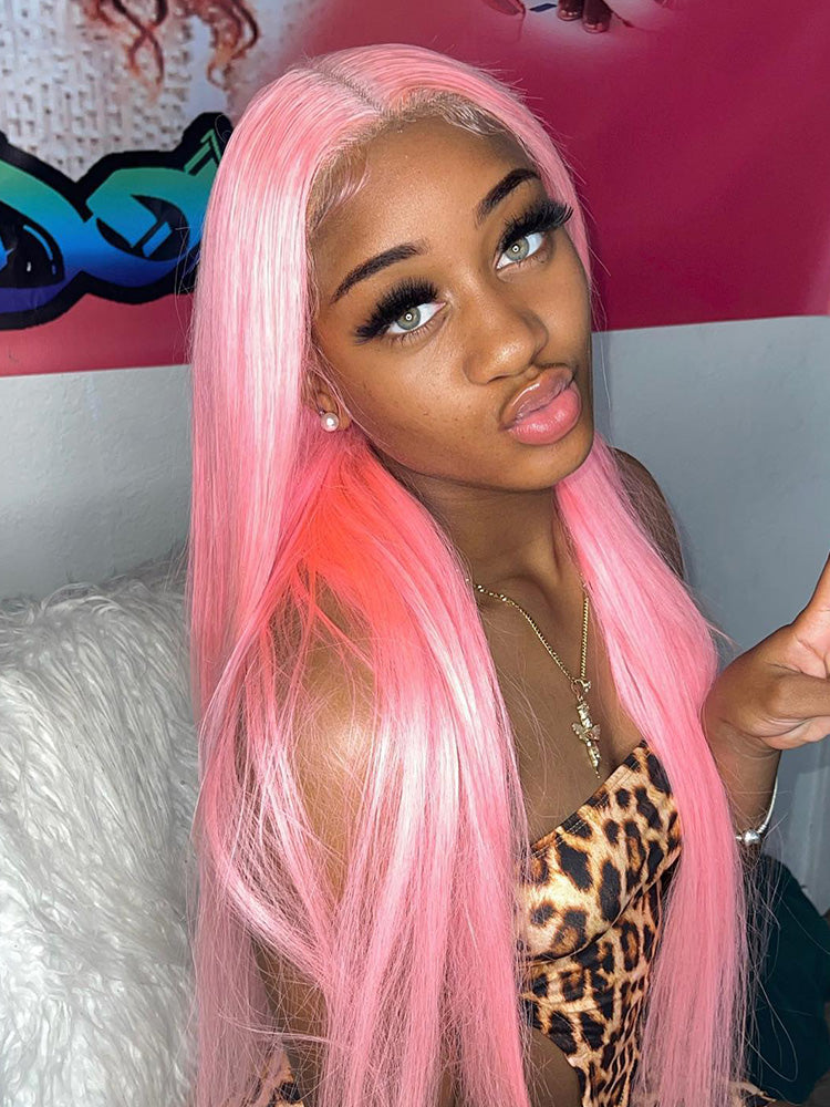 CurlyMe Light Ash Pink Color Straight Hair 13x4 Lace Front Wigs Human Hair