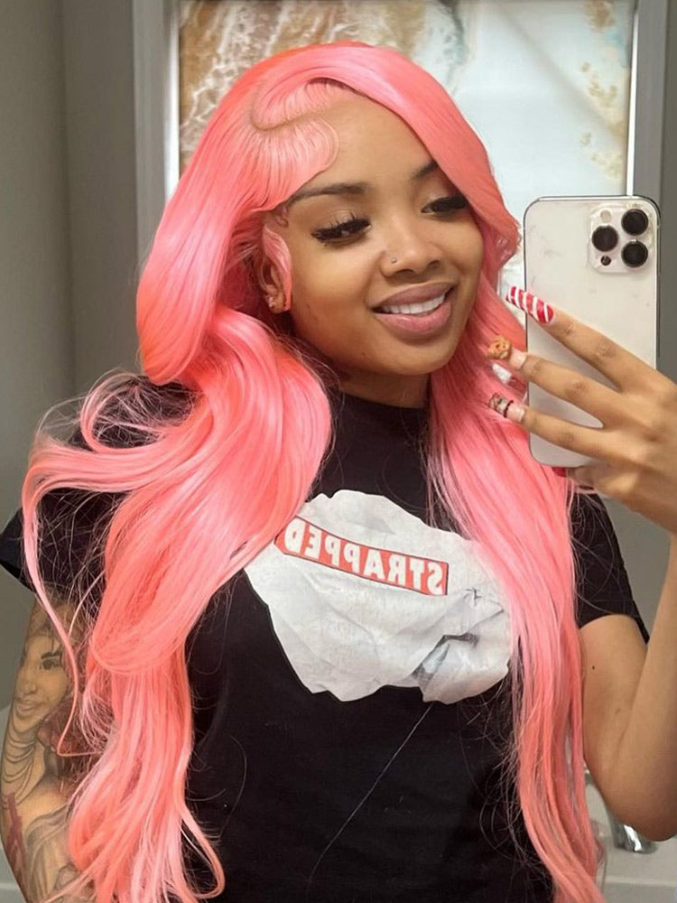 CurlyMe Light Ash Pink Color Straight Hair 13x4 Lace Front Wigs Human Hair
