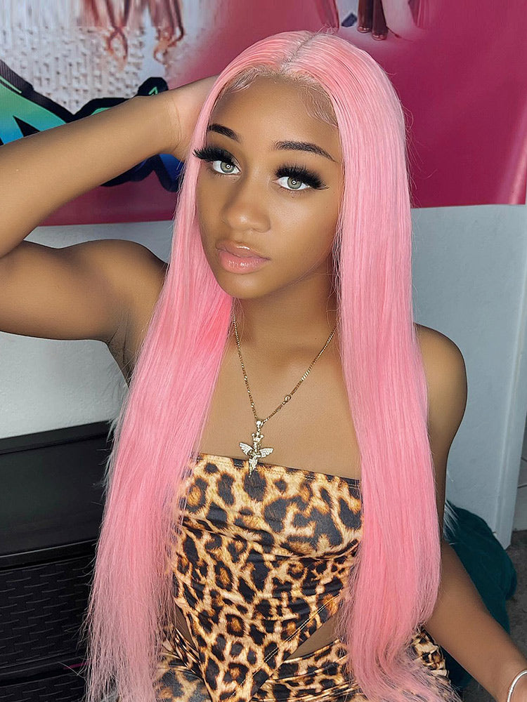 CurlyMe Light Ash Pink Color Straight Hair 13x4 Lace Front Wigs Human Hair