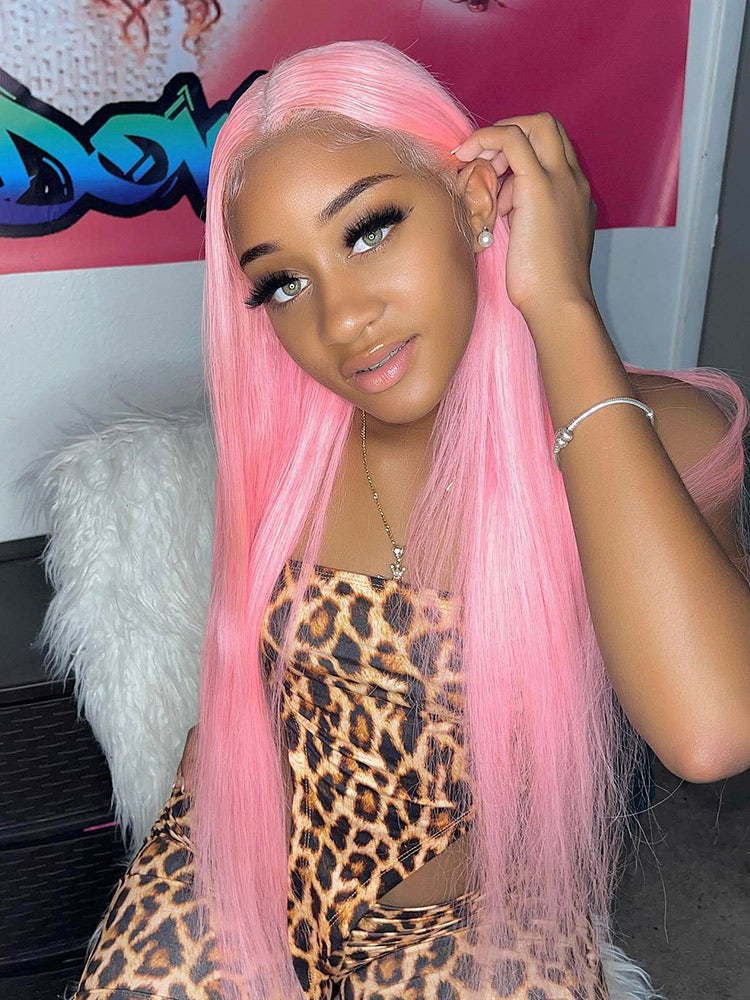 CurlyMe Light Ash Pink Color Straight Hair 13x4 Lace Front Wigs Human Hair