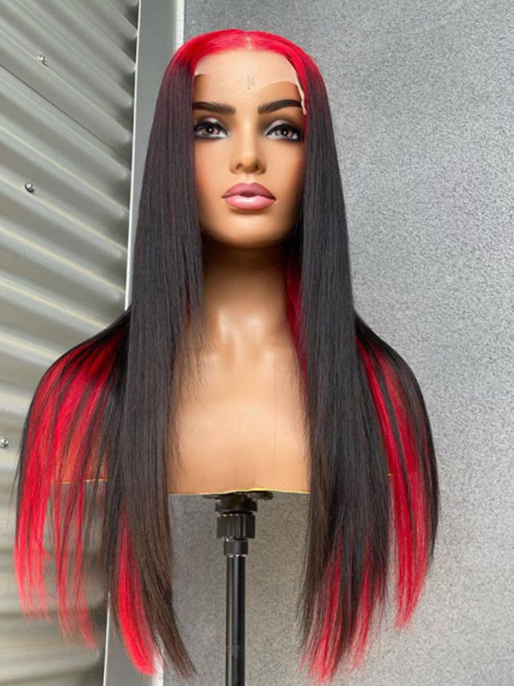 CurlyMe Natural Black Hair With Demon Red Top Lace Front Wigs Straight Human Hair