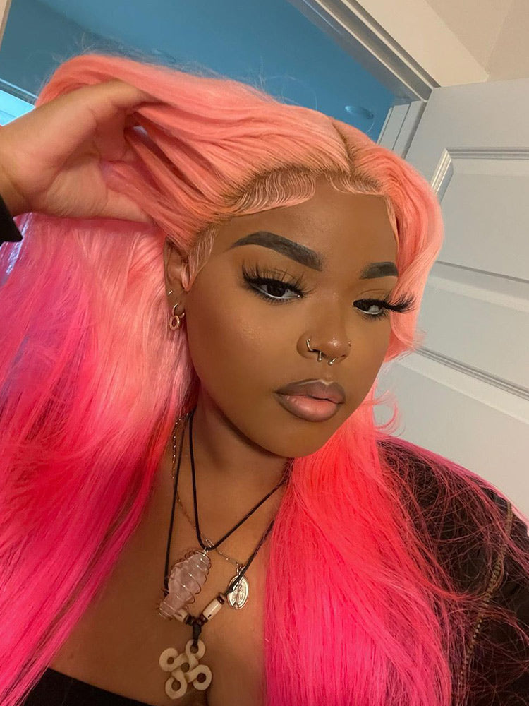 CurlyMe Highlights Honey Pink Color Straight Ombre Hair Transparent Lace Front Wigs Pre-plucked
