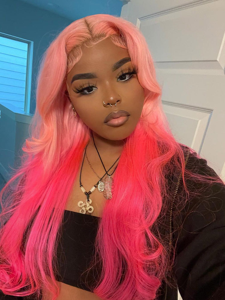 CurlyMe Highlights Honey Pink Color Straight Ombre Hair Transparent Lace Front Wigs Pre-plucked