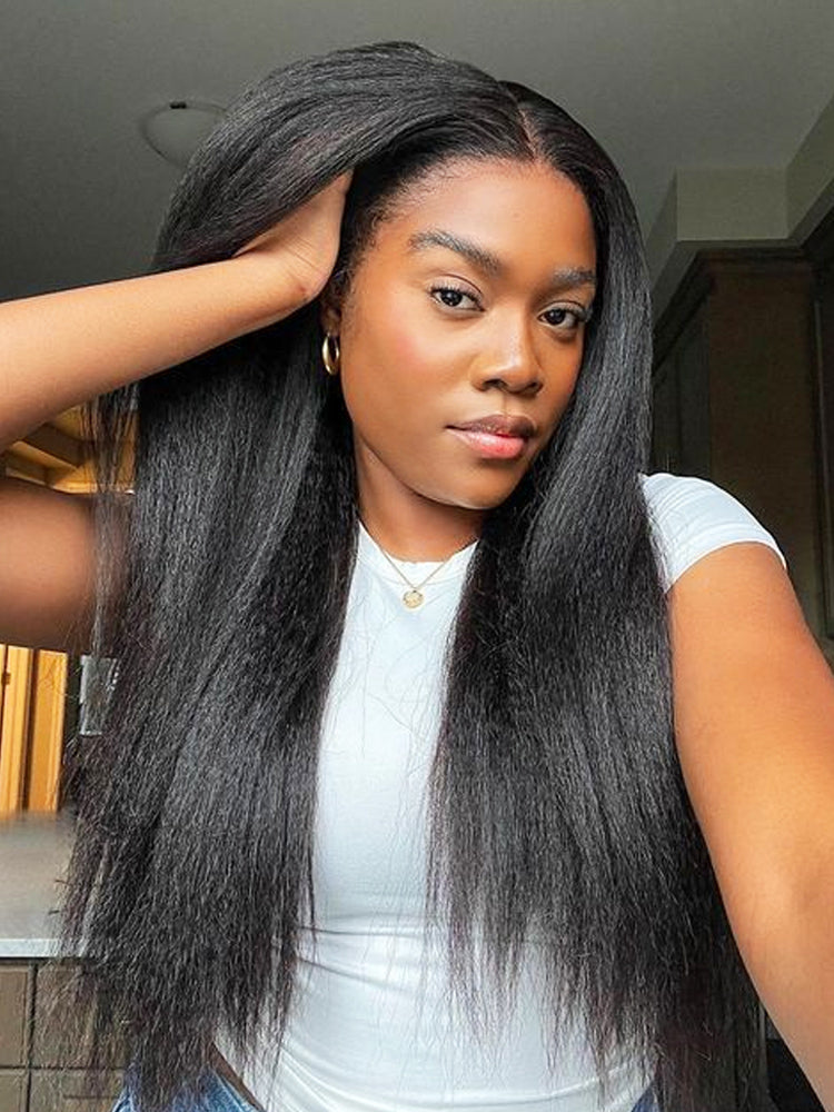 CurlyMe 360 Fit Wig Pre-Bleached Kinky Straight Human Hair Pre-Cut 360 Lace Wear Go Glueless Wig Pre-Plucked