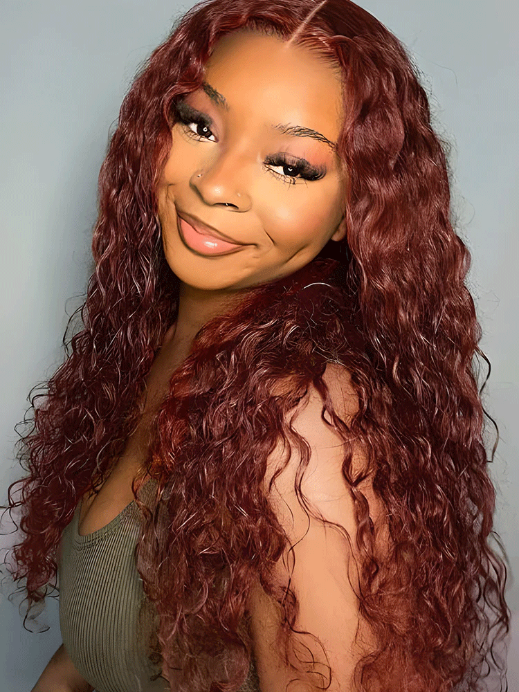 CurlyMe Pre-Plucked Wear Go Glueless Reddish Brown Water Wave Hair Pre-cut Lace