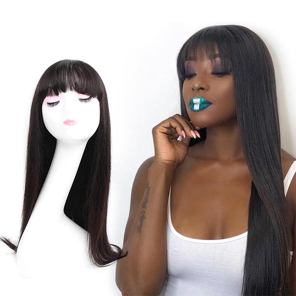 CurlyMe Straight Hair Non Lace Wigs Full Machine Made Wigs With Bangs Natural Black