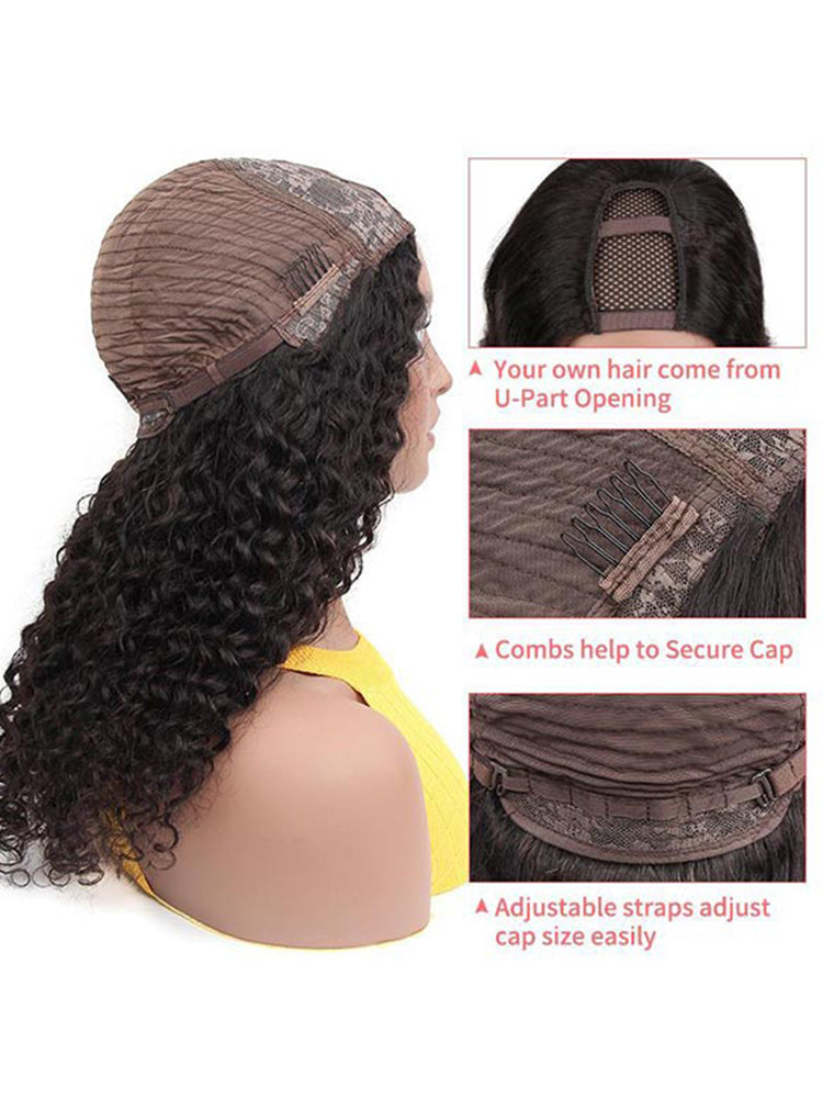 CurlyMe Water Wave Hair 180% Density U part Wig, None Lace Machine Made Human Hair Wigs