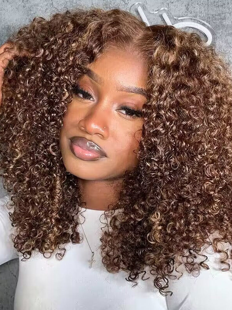 CurlyMe Highlights Ombre Kinky Curly Glueless Bob Wig Wear Go 6x4 Pre Cut HD Lace Wig