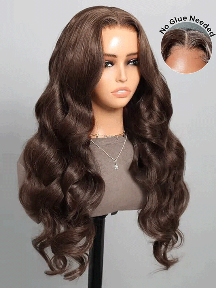 CurlyMe #4 Chocolate Brown Pre Cut Glueless Lace Body Wave Wear Go Wig