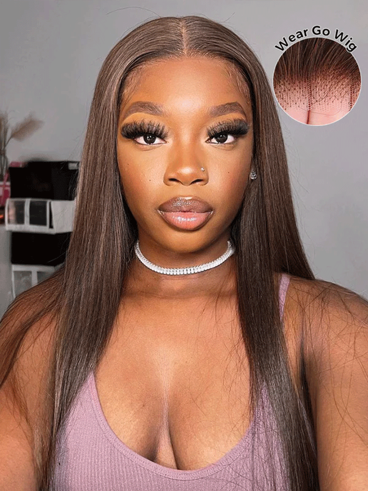 CurlyMe #4 Chocolate Brown Pre Cut Glueless Lace Straight Wear Go Wig