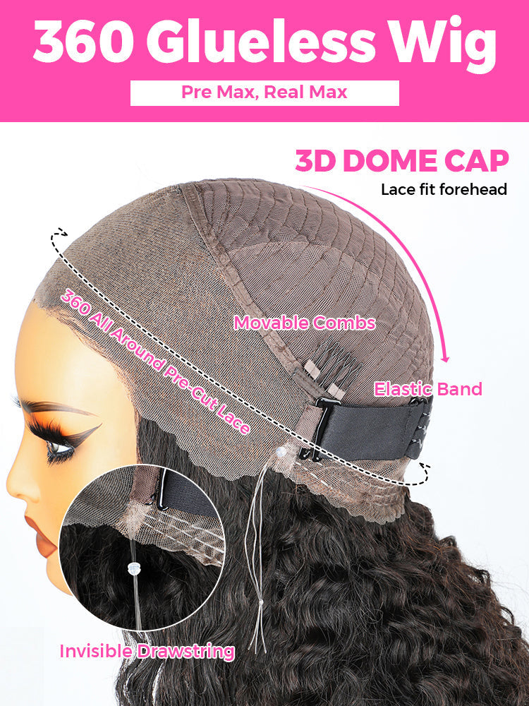 CurlyMe 360 Lace Fit Wear Go Pre-Bleached Water Wave Human Hair Glueless Wig Pre-Plucked