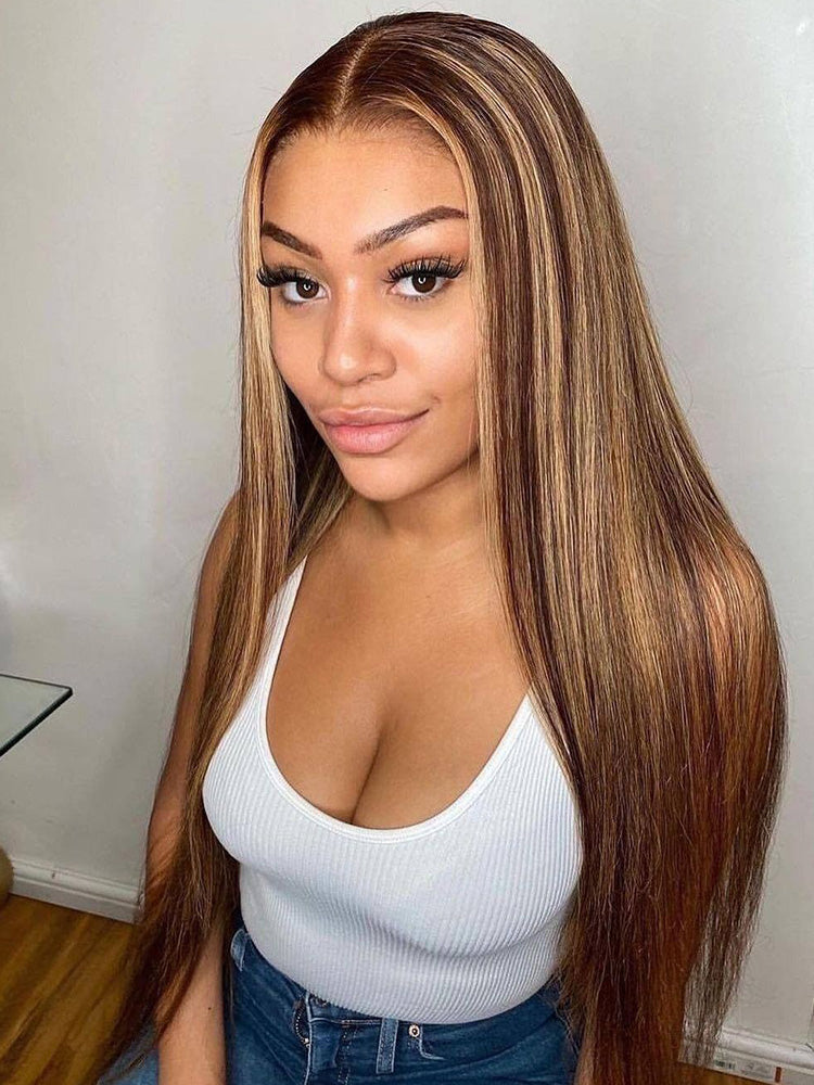 CurlyMe Highlights Ombre 6x4 Lace Wear Go Straight Glueless Wigs Pre Cut Lace Wig