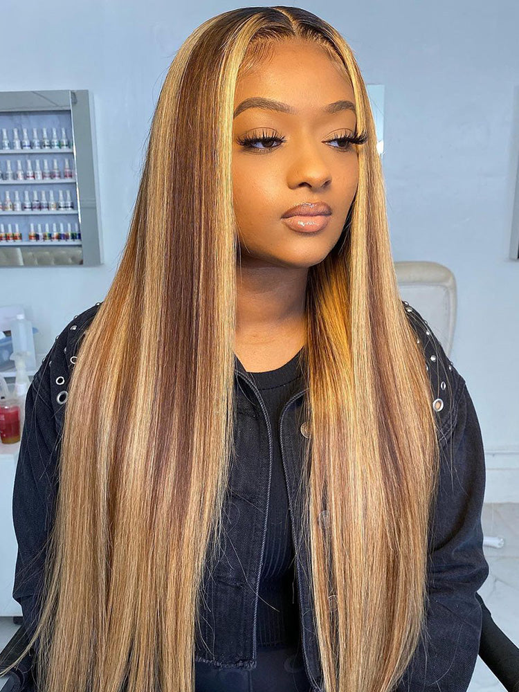 CurlyMe Highlights Ombre 6x4 Lace Wear Go Straight Glueless Wigs Pre Cut Lace Wig