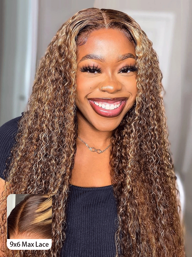CurlyMe Pre-cut 9x6 Lace M-cap Wear Go Glueless Mini Knots Water Wave Highlight Wig Pre-plucked