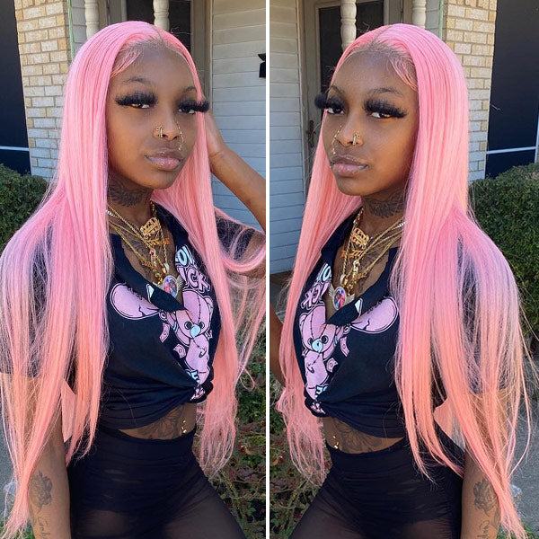 CurlyMe Light Ash Pink Color Straight Hair 13x4 Lace Front Wigs Human Hair