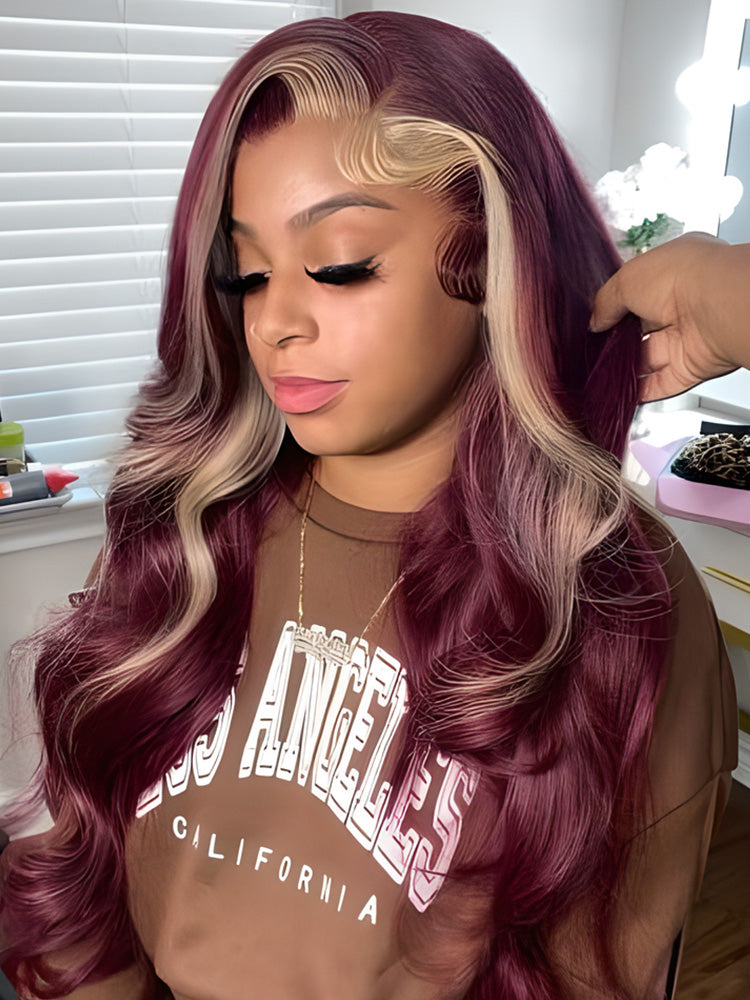 CurlyMe Burgundy Color Straight Hair With Blonde Skunk Stripe 13x4 Lace Front Wig Highlights Ombre Hair