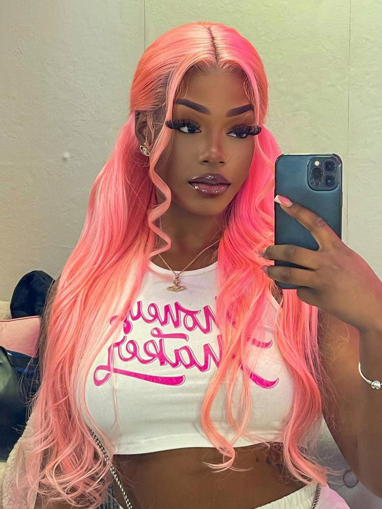 CurlyMe Highlights Honey Pink Color Straight Ombre Hair Transparent Lace Front Wigs Pre-plucked