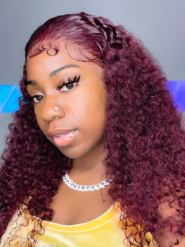 CurlyMe 13x4 Lace 99J Burgundy Color Kinky Curly Hair Lace Front Wigs With Baby Hair