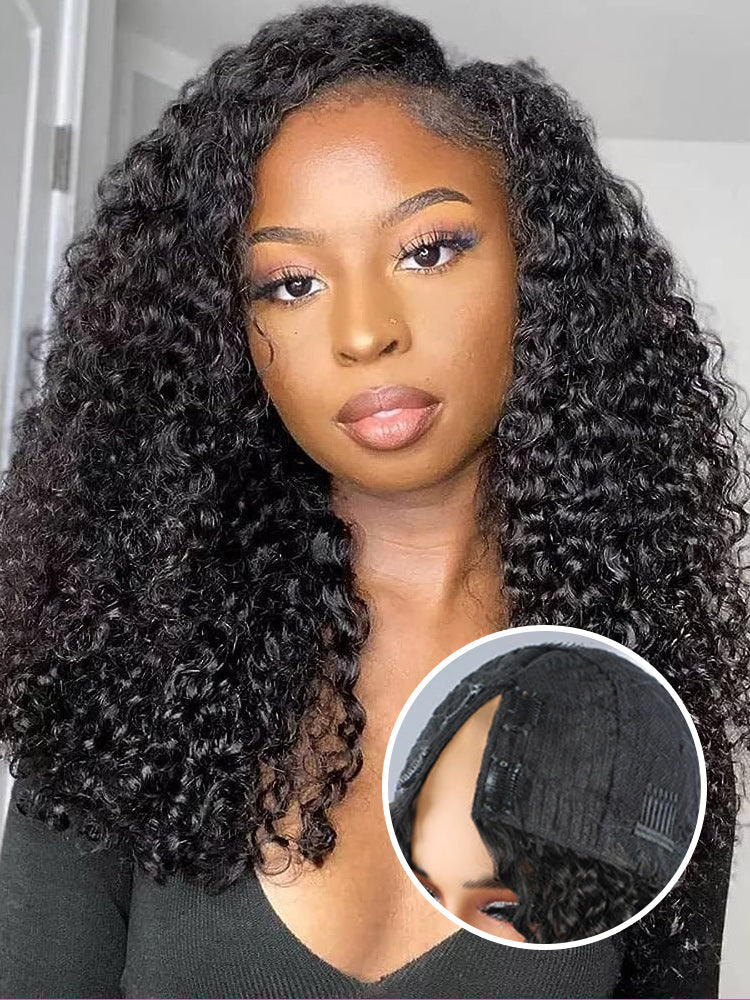 CurlyMe Kinky Curly V Part Wig Human Hair Glueless Wig Pre-plucked