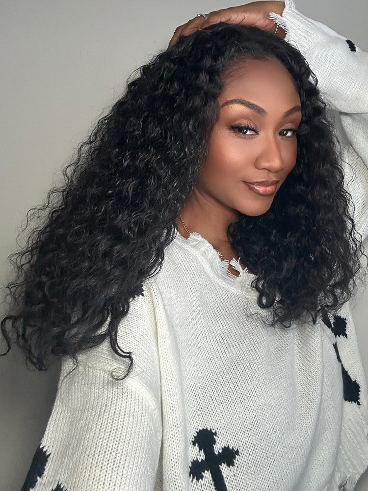 CurlyMe 3 In 1 Half Wig Water Wave Glueless Install Half Wig With Drawstring Beginner Friendly