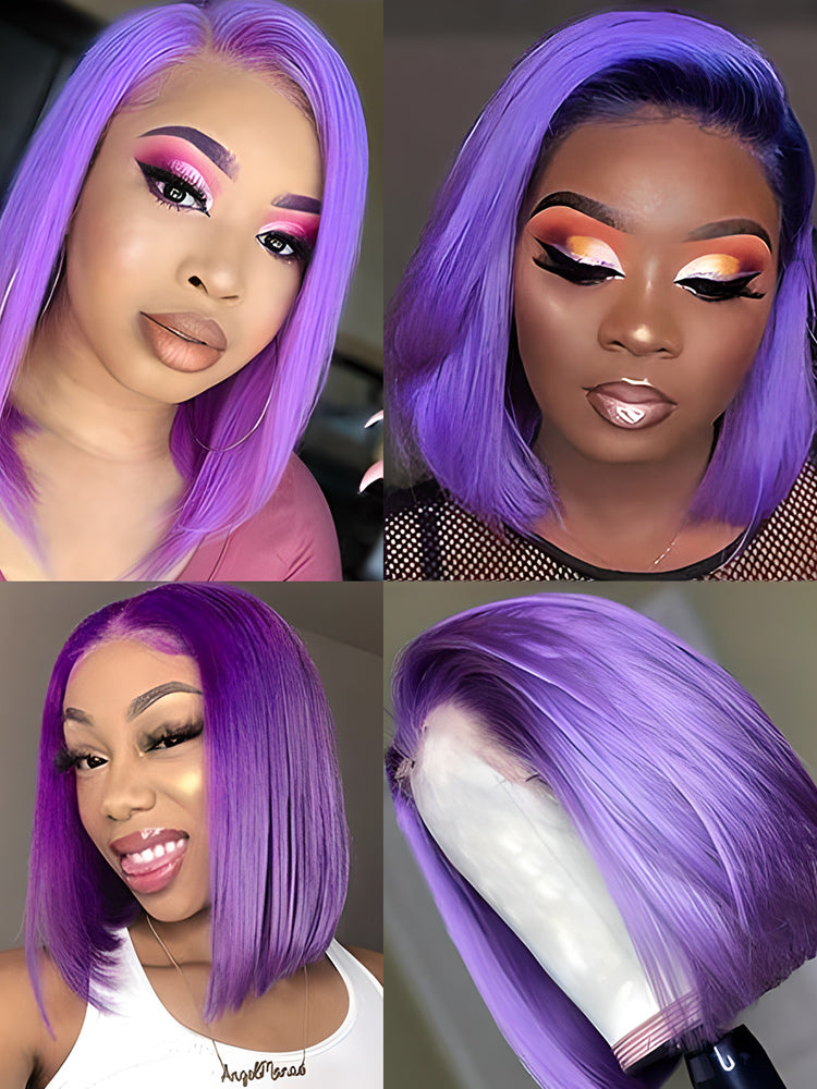 CurlyMe Attractive Purple Straight Hair 13x4 Transparent Lace Front Bob Wigs
