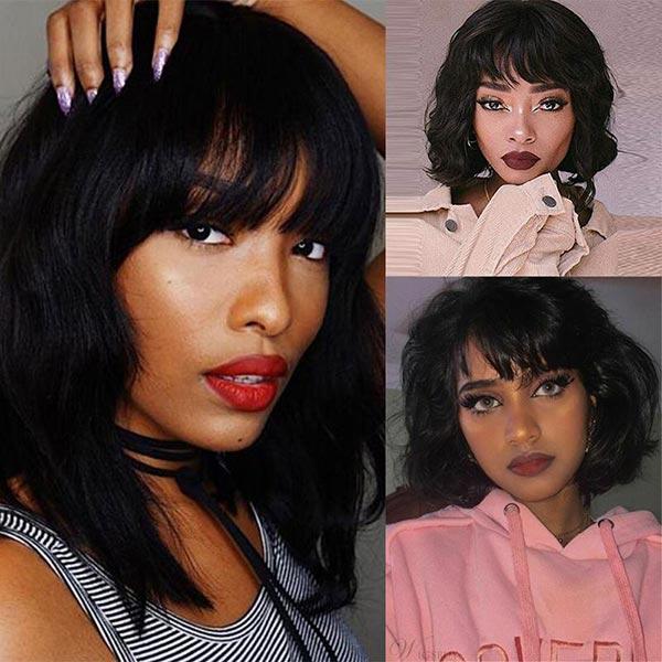 CurlyMe Body Wave Hair Non Lace Bob Wigs Full Machine Made Wigs With Bangs