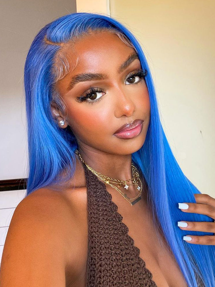 CurlyMe Gemstone Blue Colour Hair Lace Front Wigs Pre Plucked Straight Human Hair