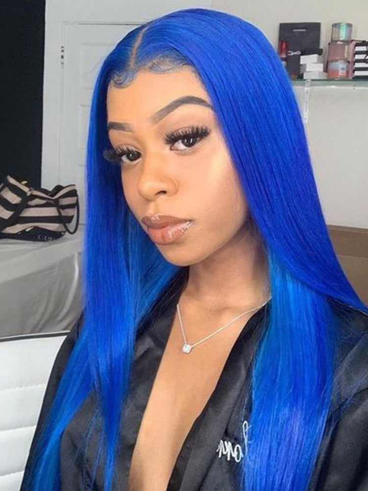 CurlyMe Gemstone Blue Colour Hair Lace Front Wigs Pre Plucked Straight Human Hair