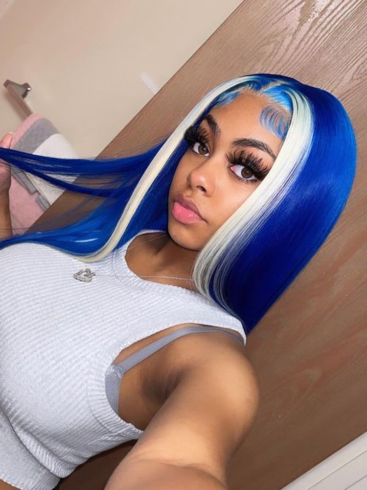 CurlyMe Gemstone Blue Colour Hair Lace Front Wigs Pre Plucked Straight Human Hair