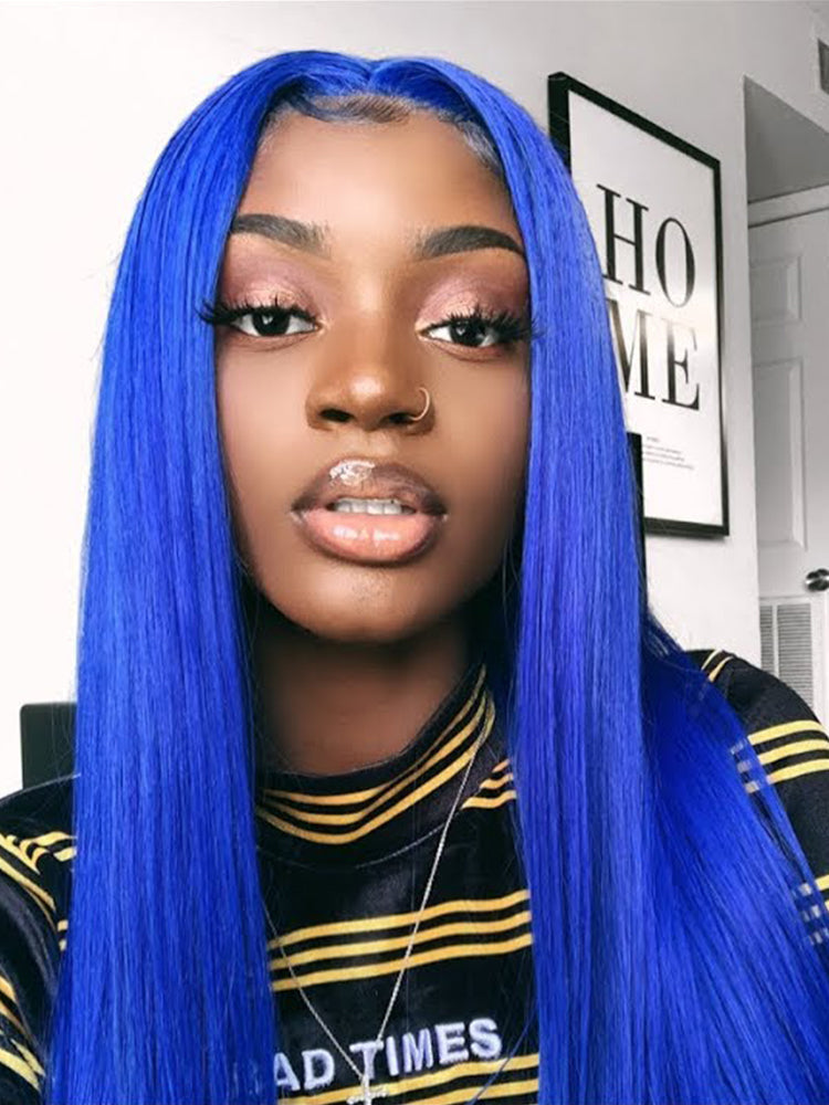 CurlyMe Gemstone Blue Colour Hair Lace Front Wigs Pre Plucked Straight Human Hair