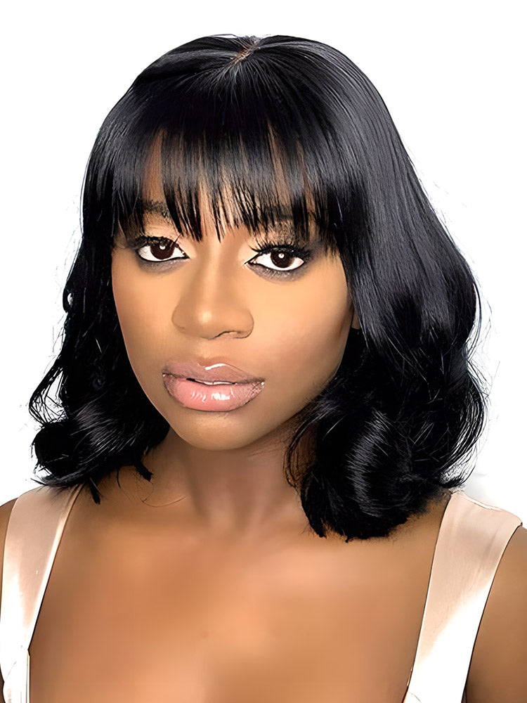 CurlyMe Body Wave Hair Non Lace Bob Wigs Full Machine Made Wigs With Bangs
