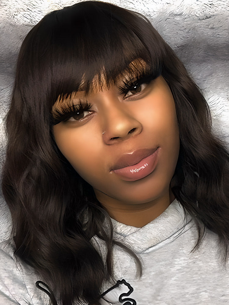 CurlyMe Body Wave Hair Non Lace Bob Wigs Full Machine Made Wigs With Bangs