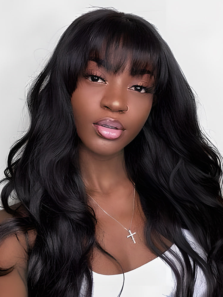 CurlyMe Body Wave Non Lace Wigs Full Machine Made Wigs With Bangs Virgin Hair