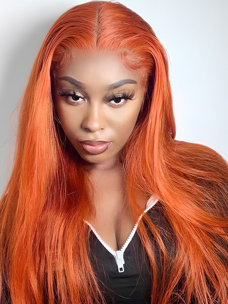 CurlyMe Bright Orange Straight Hair 13x4 Lace Front Wigs Remy Hair