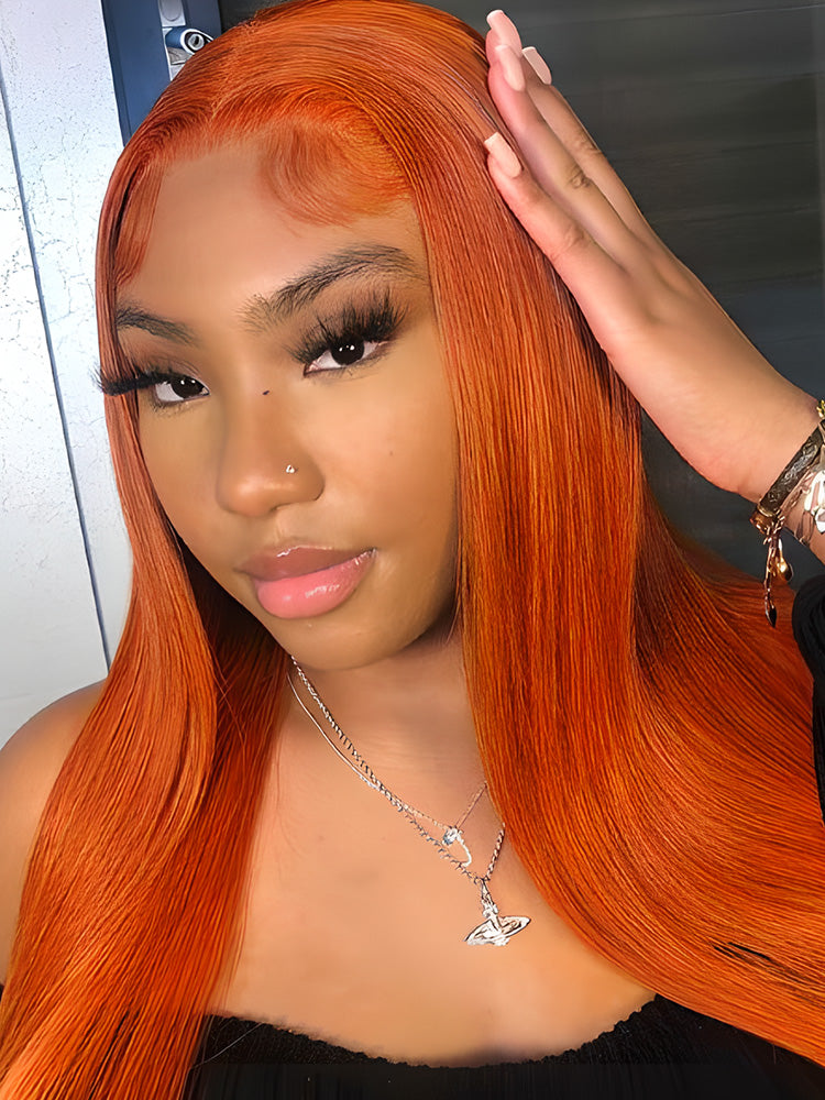 CurlyMe Bright Orange Straight Hair 13x4 Lace Front Wigs Remy Hair