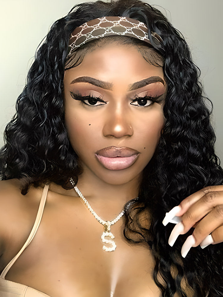 CurlyMe Deep Wave Headband Wig Human Hair 180% Density Thick Non Lace Wigs