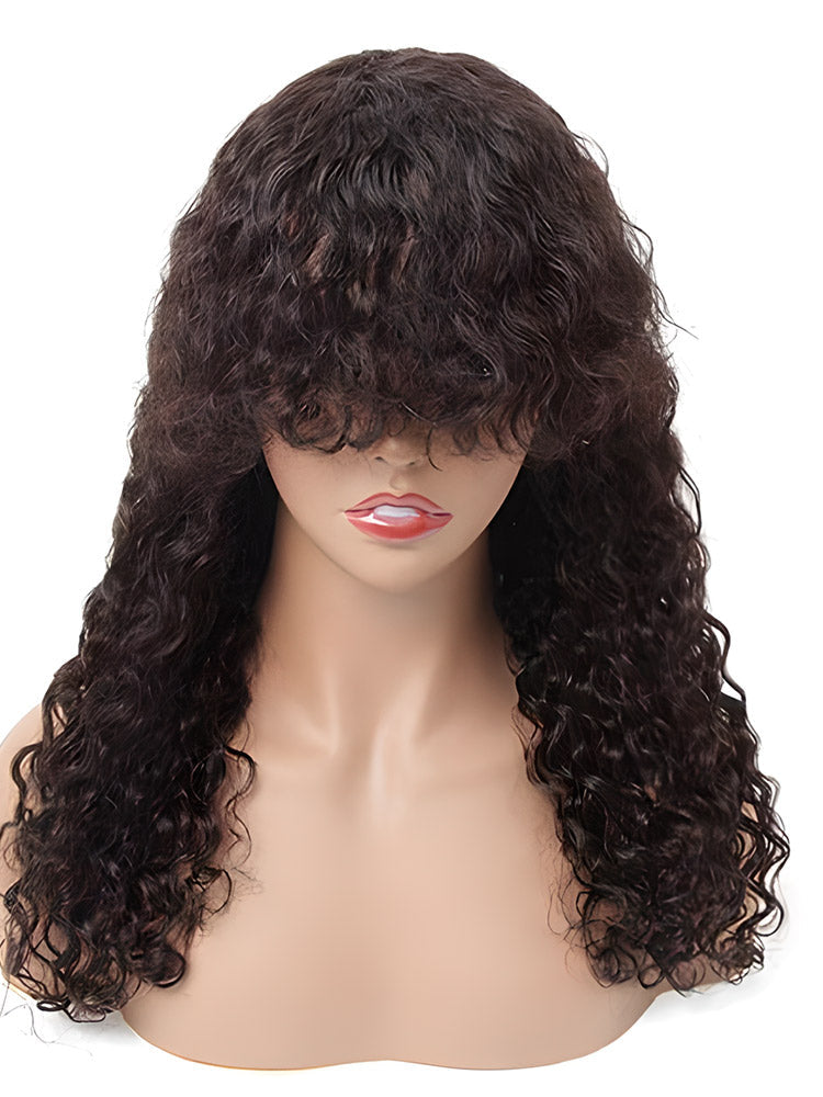 CurlyMe Water Wave Hair Non Lace Wigs Full Machine Made Wigs With Bangs For Women
