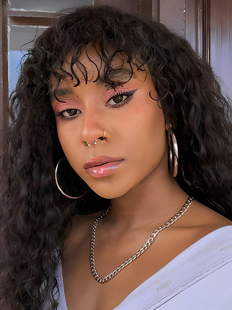 CurlyMe Water Wave Hair Non Lace Wigs Full Machine Made Wigs With Bangs For Women