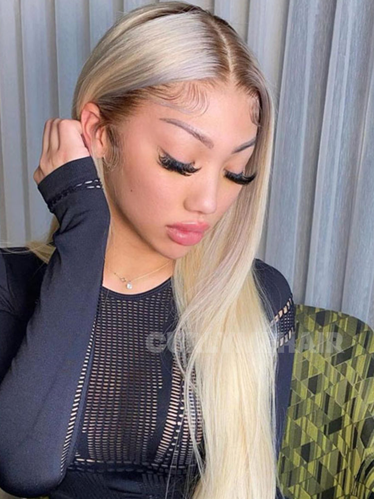 CurlyMe Ombre Blonde Hair With Brown Root Straight Hair 13x4 Lace Front Wigs Human Hair