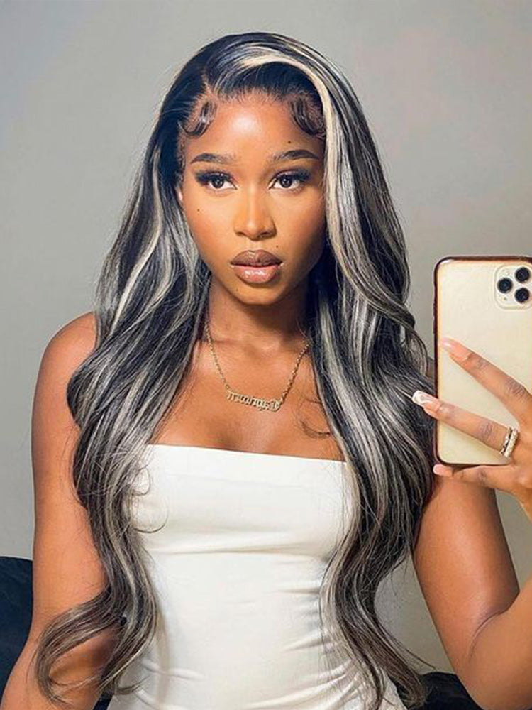 CurlyMe Platinum Gray and Black Straight Ombre Highlights Hair 13x4 Lace Front Wigs