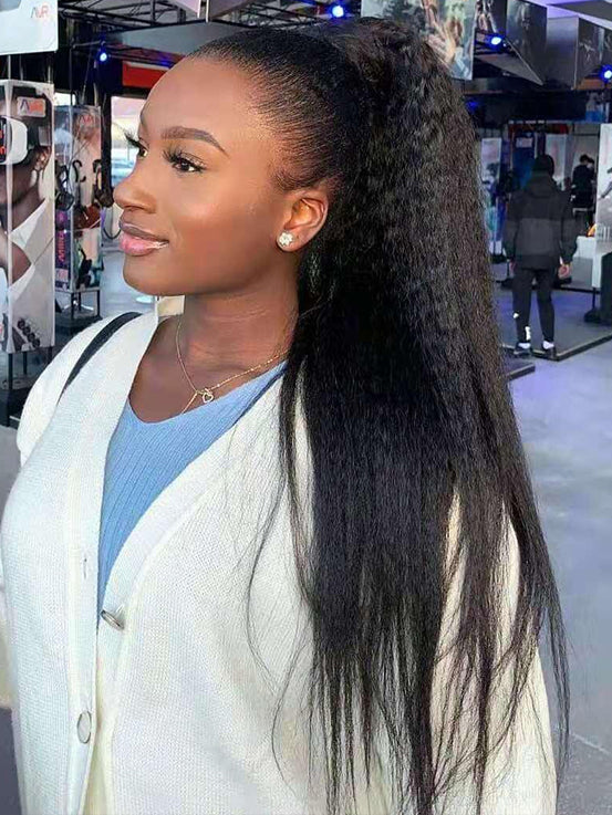 Real Human Hair Drawstring Ponytail Straight & Wavy Natural Black Wrap Around Magic Velcro Ponytail Extension Clip In