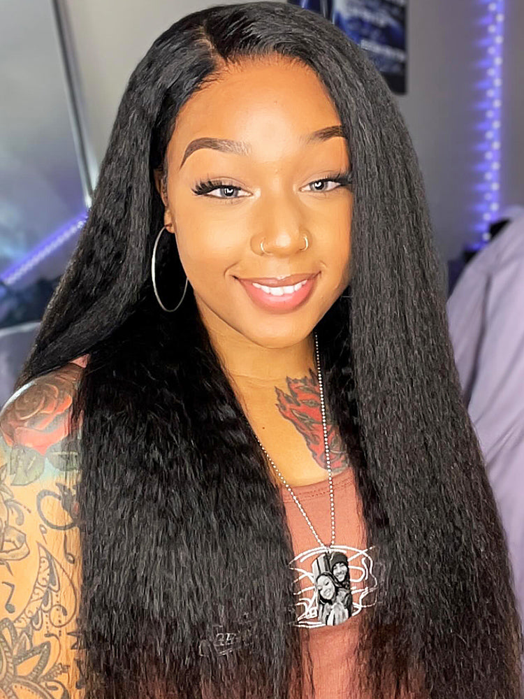 CurlyMe V Part Glueless No Leave Out Kinky Straight Human Hair Wig Pre-plucked Beginner Friendly