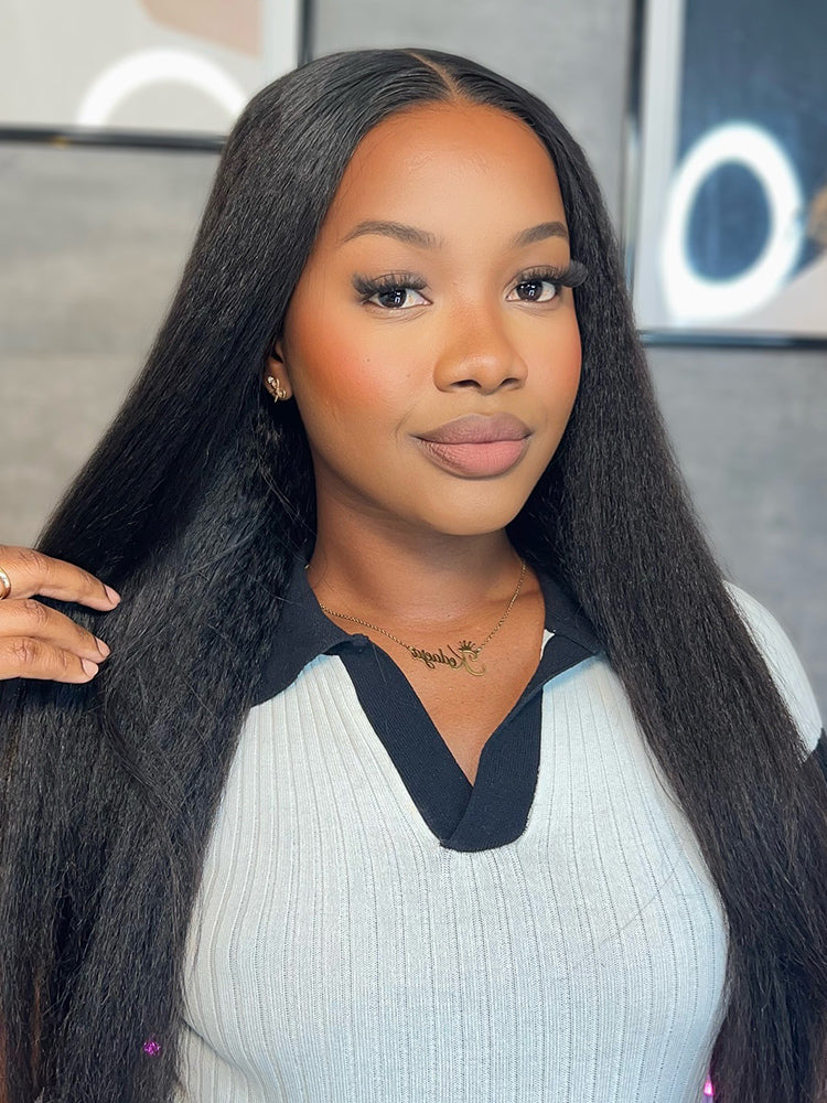 CurlyMe 360 Lace Wear Go Wig Pre-Bleached Yaki Straight Human Hair Pre-Plucked Lace Front Wig