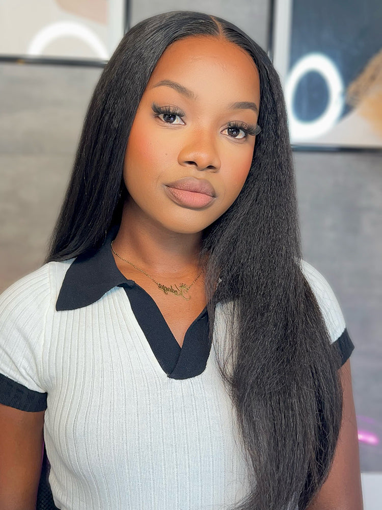 CurlyMe 360 Lace Wear Go Wig Pre-Bleached Yaki Straight Human Hair Pre-Plucked Lace Front Wig