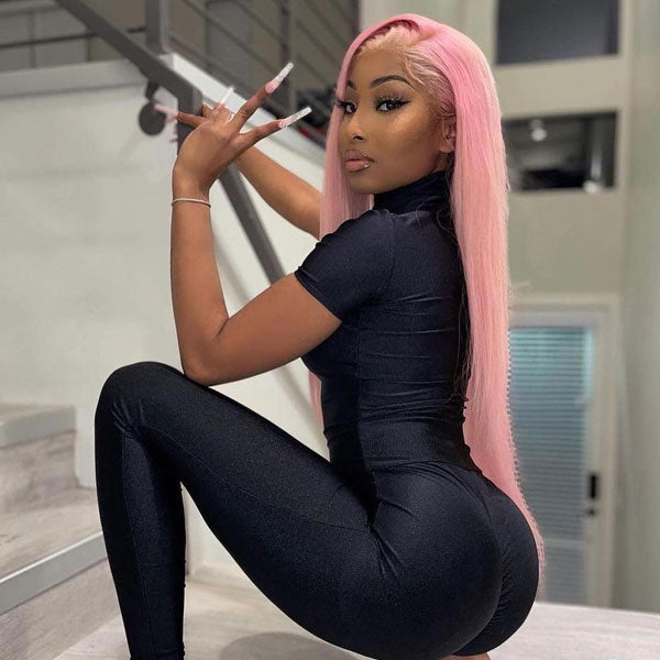 CurlyMe Light Ash Pink Color Straight Hair 13x4 Lace Front Wigs Human Hair