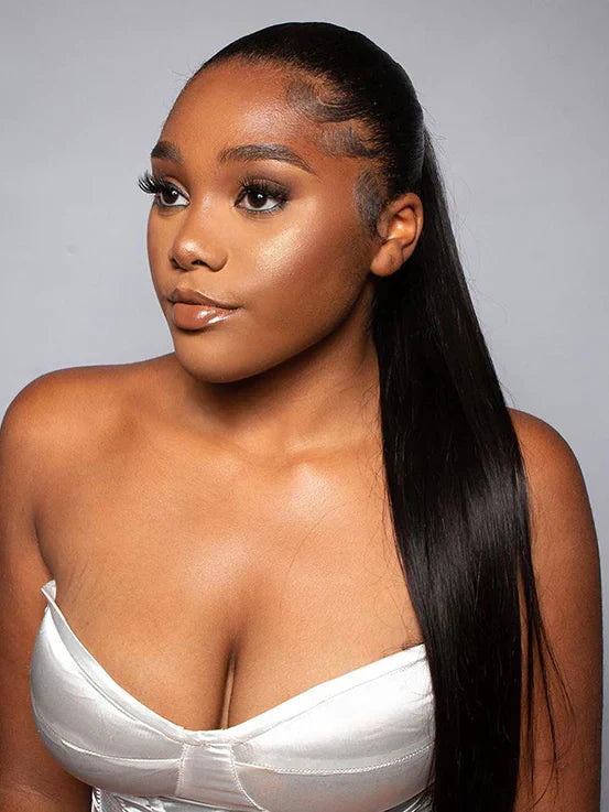 Real Human Hair Drawstring Ponytail Straight & Wavy Natural Black Wrap Around Magic Velcro Ponytail Extension Clip In